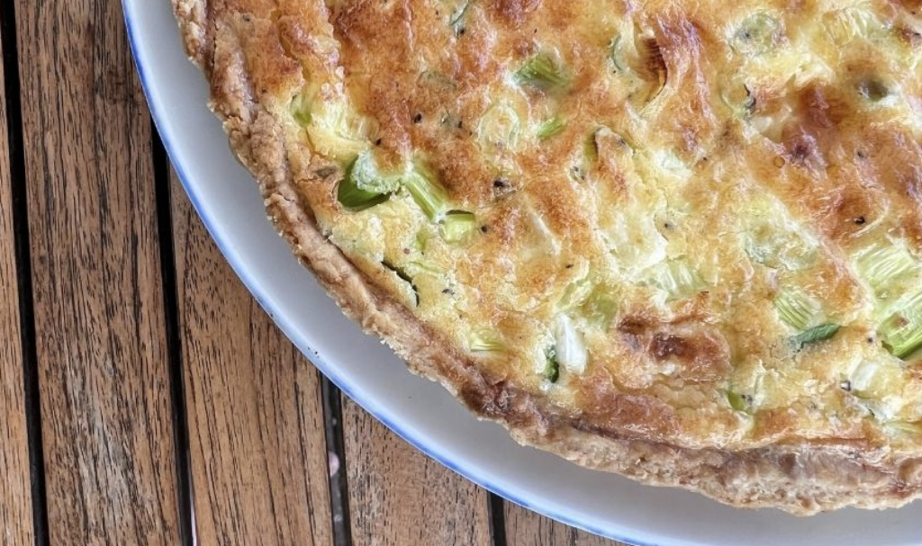 A cheese and spring onion quiche baked by Elena Bjørn from her own recipe